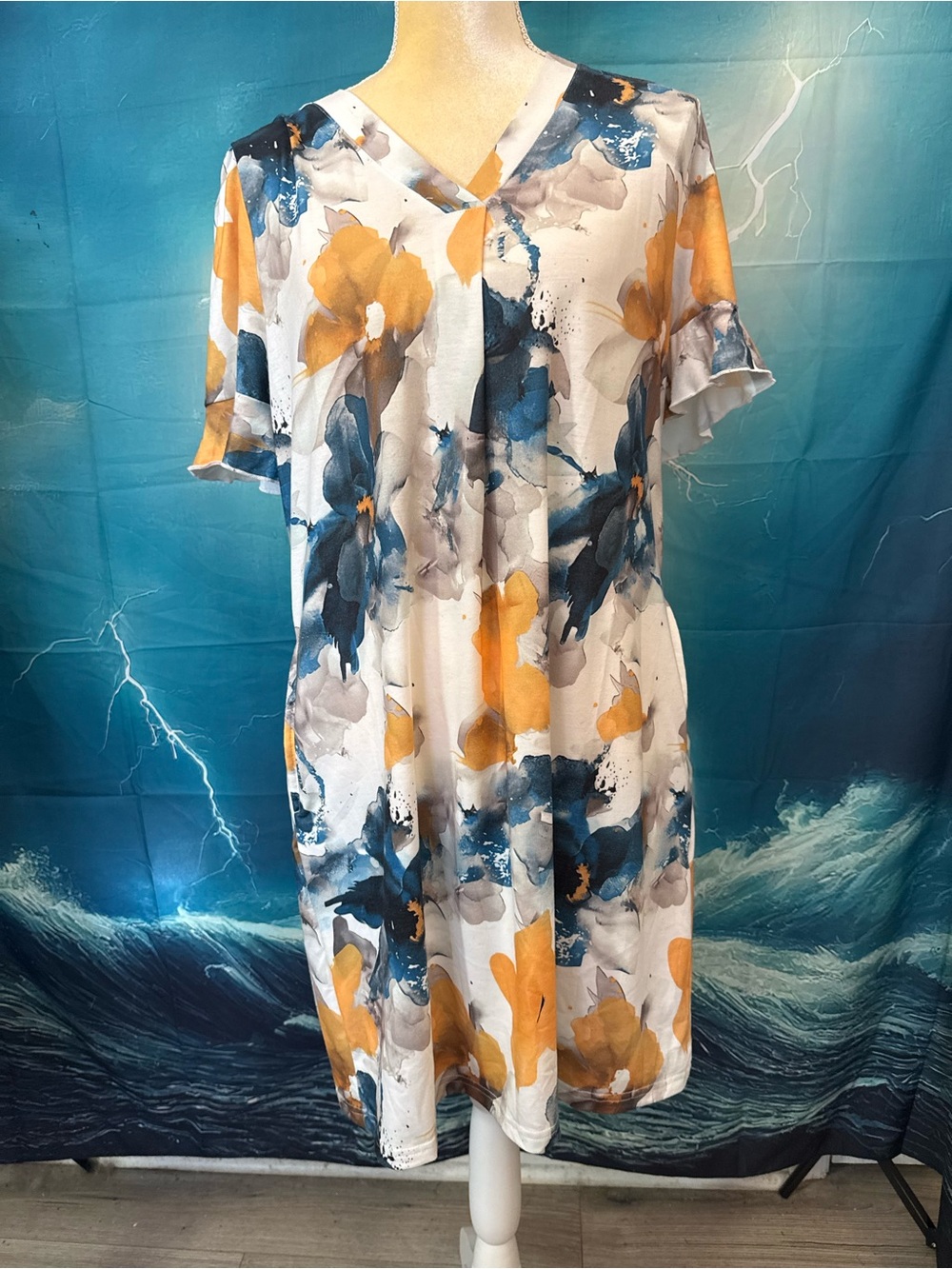 V-Neck Floral Midi Dress in Blue, Mustard & White